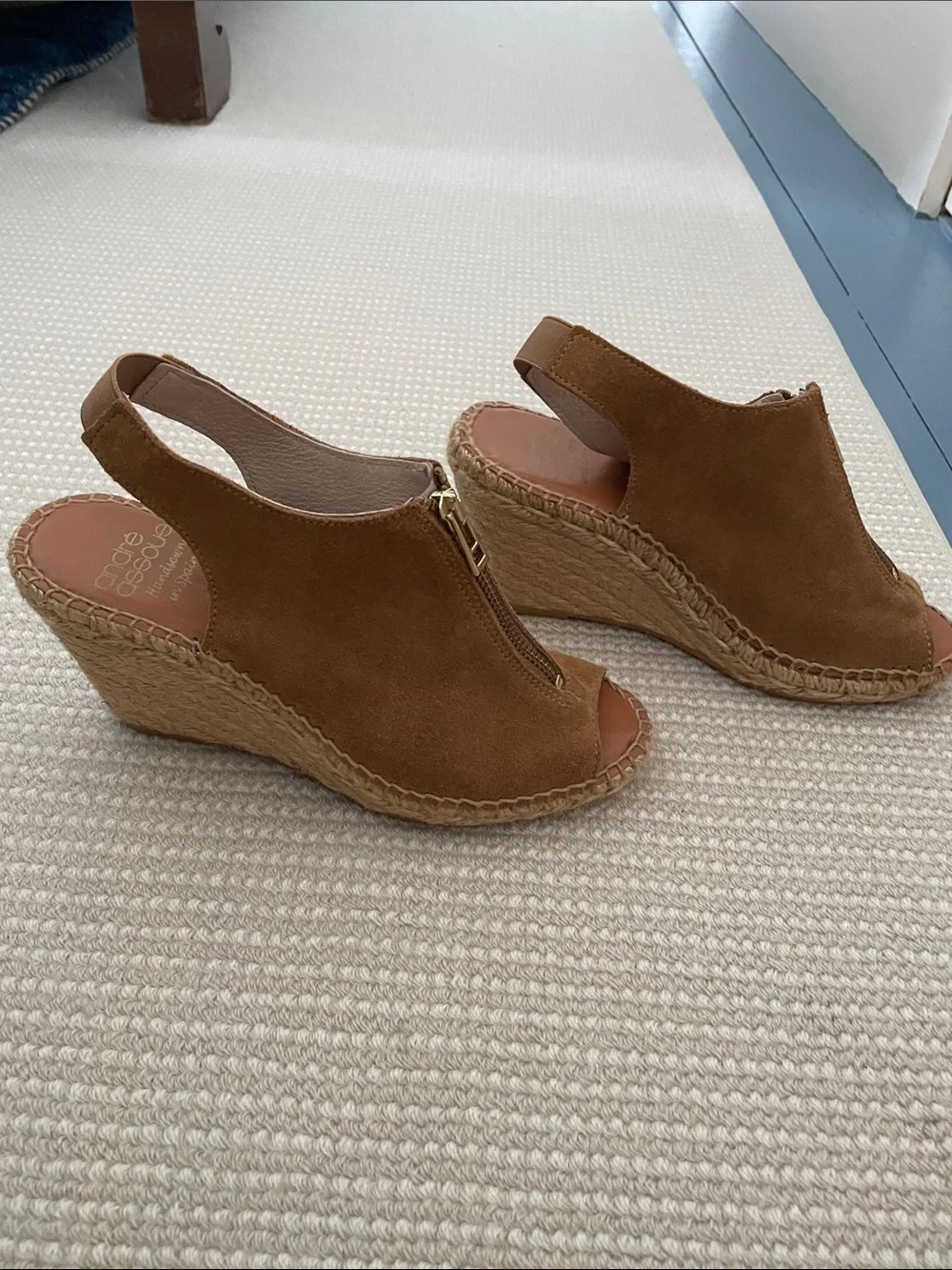 Andre Assous Brown Suede Peep-Toe Wedge Sandals with Front Zips